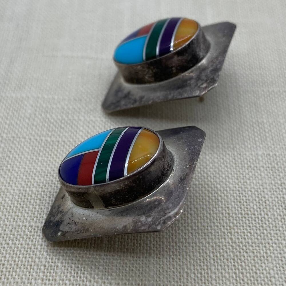 Vintage Rita Dawes Navajo EARRINGS Sterling Inlay - Picture 5 of 6